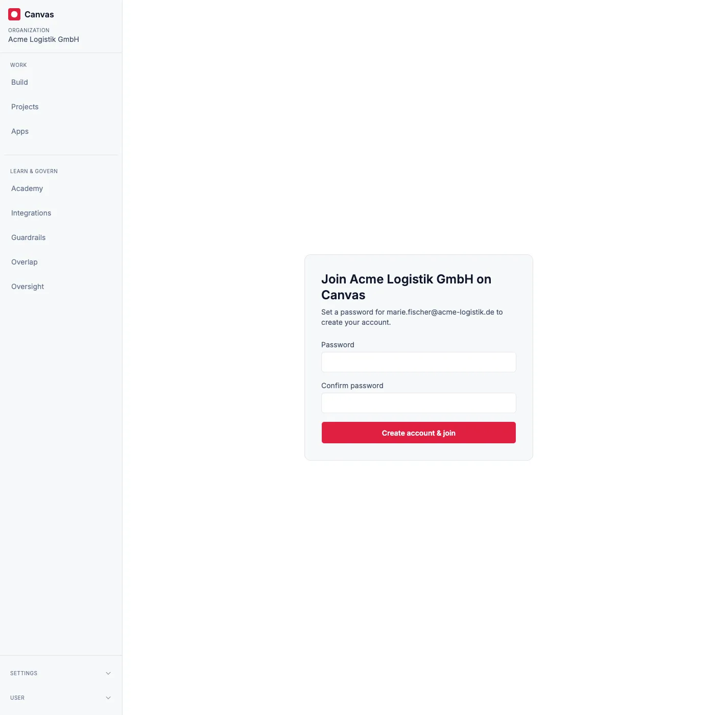 The invitation acceptance page: a new invitee sets a password to create their account and join the organization.