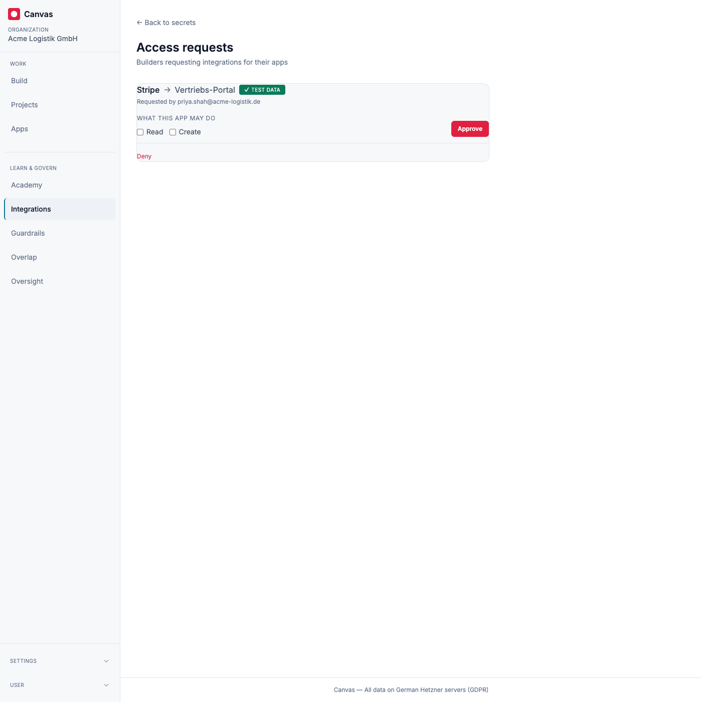The access-requests inbox: each pending request shows the integration, the app, who asked, and the operations to grant before approving or denying.