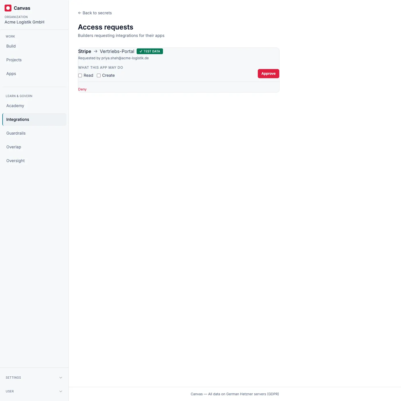 The access-requests inbox: each pending request shows the integration, the app, who asked, and the operations to grant before approving or denying.
