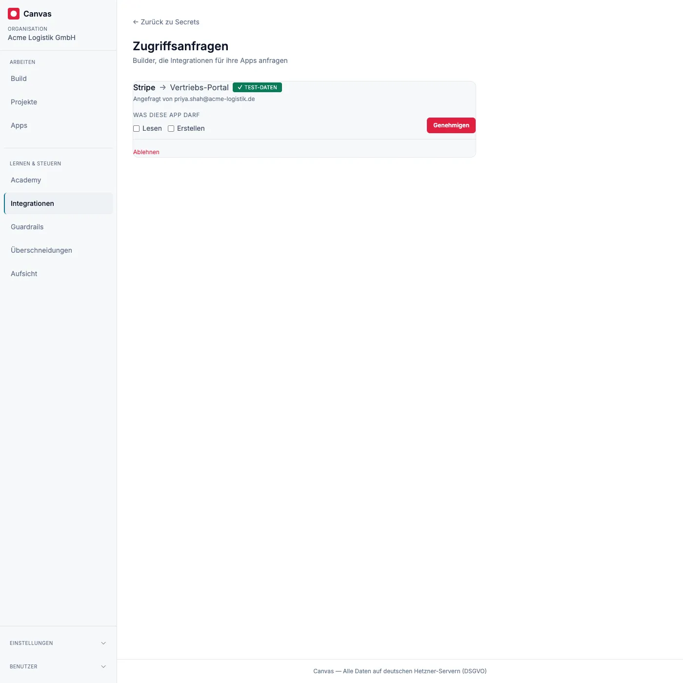 Die Zugriffsanfragen-Inbox: jede offene Anfrage zeigt die Integration, die App, wer angefragt hat, und die freizugebenden Operationen vor dem Genehmigen oder Ablehnen.