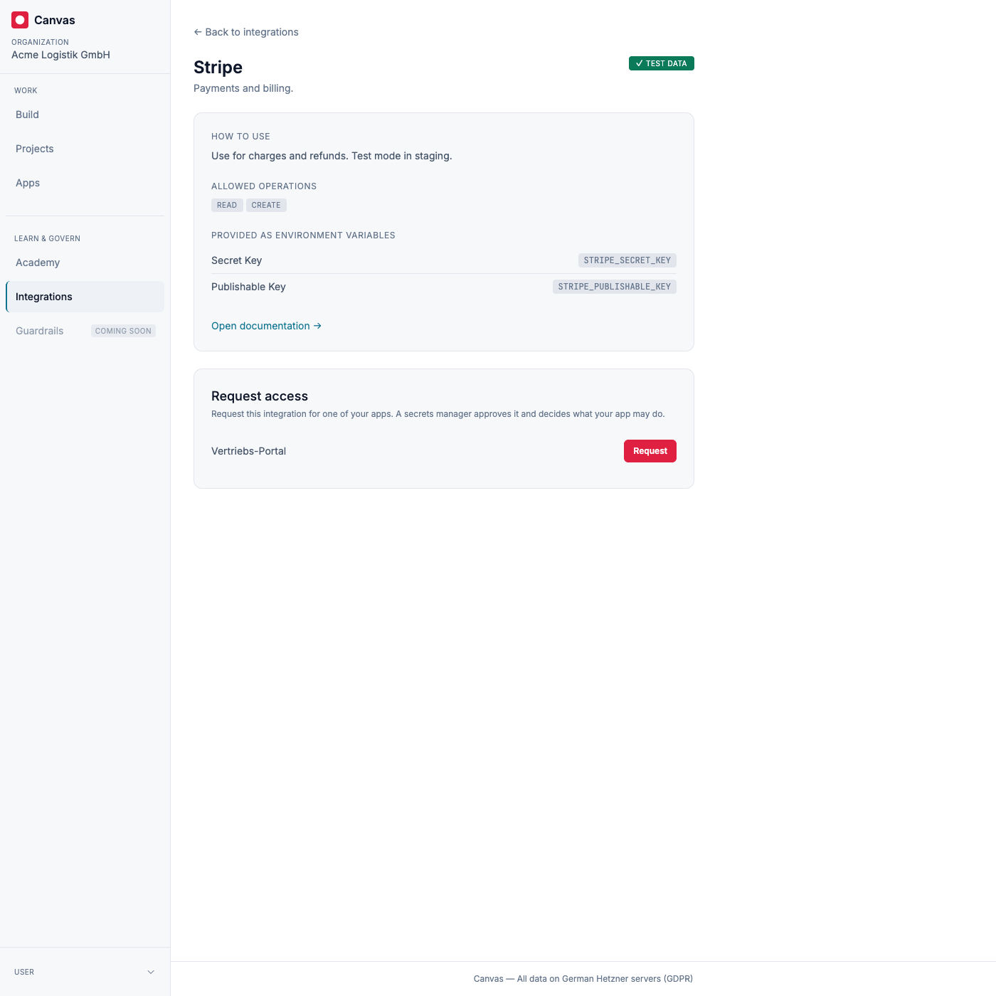 An integration’s detail for a builder, with a button to request access for one of their apps.