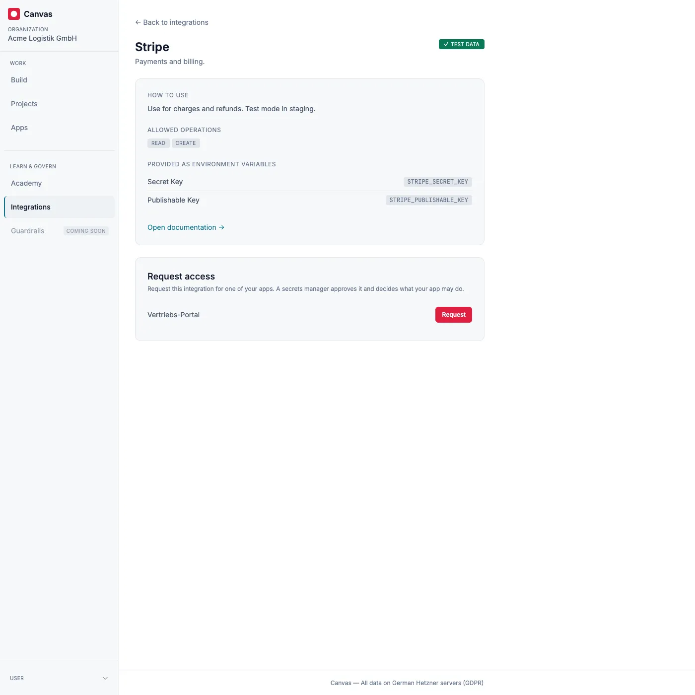 An integration's detail for a builder, with a button to request access for one of their apps.