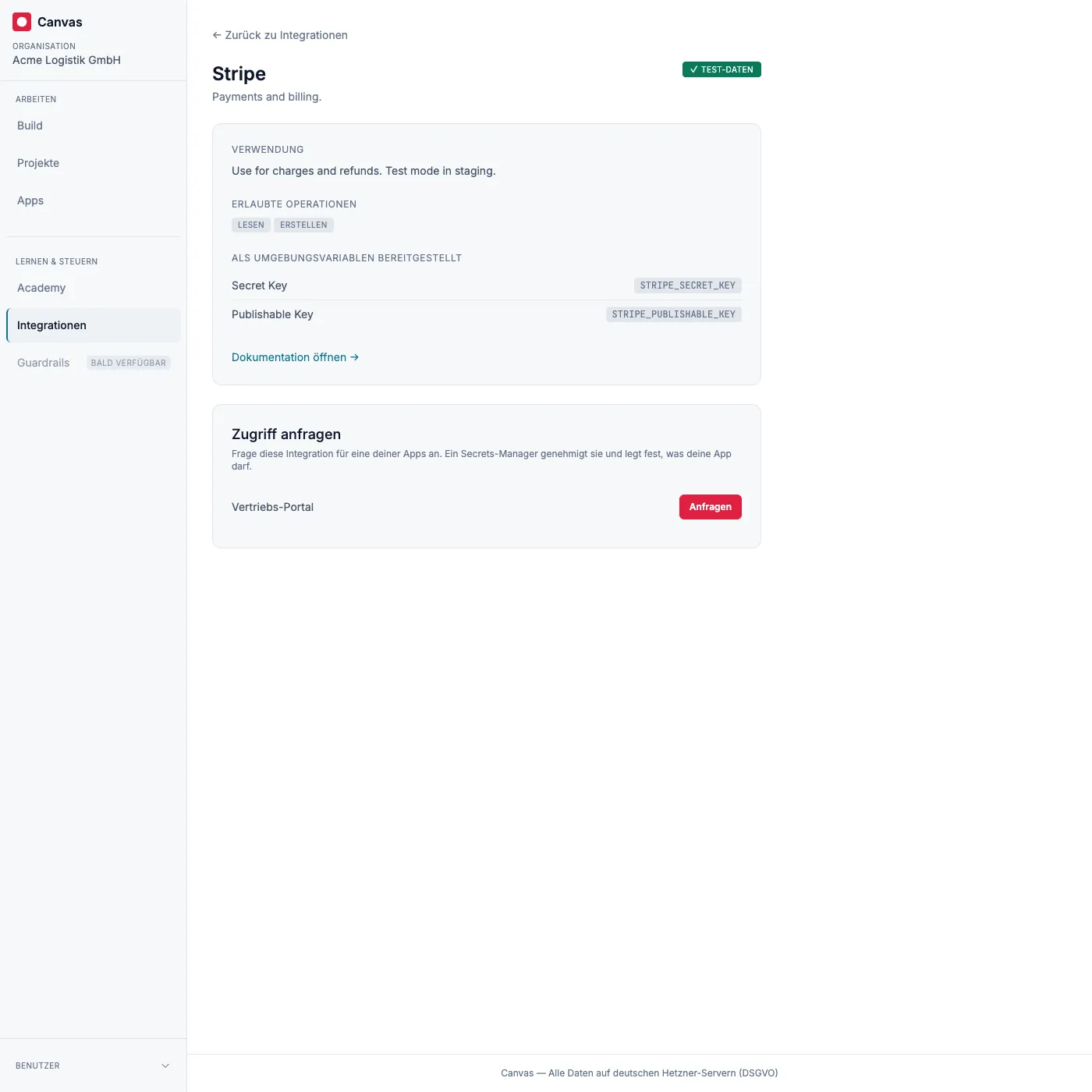 Die Integrationsdetails für einen Builder, mit einem Button, um den Zugriff für eine seiner Apps anzufragen.