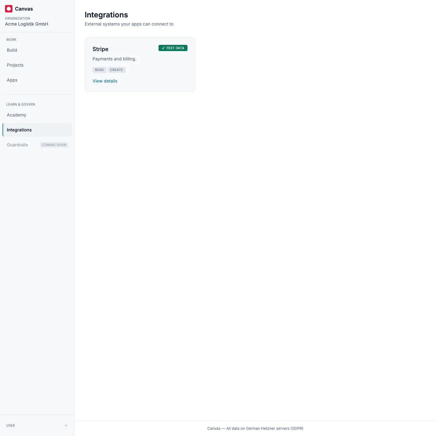The builder catalog: discoverable integrations with their allowed operations and data badge, values never shown.
