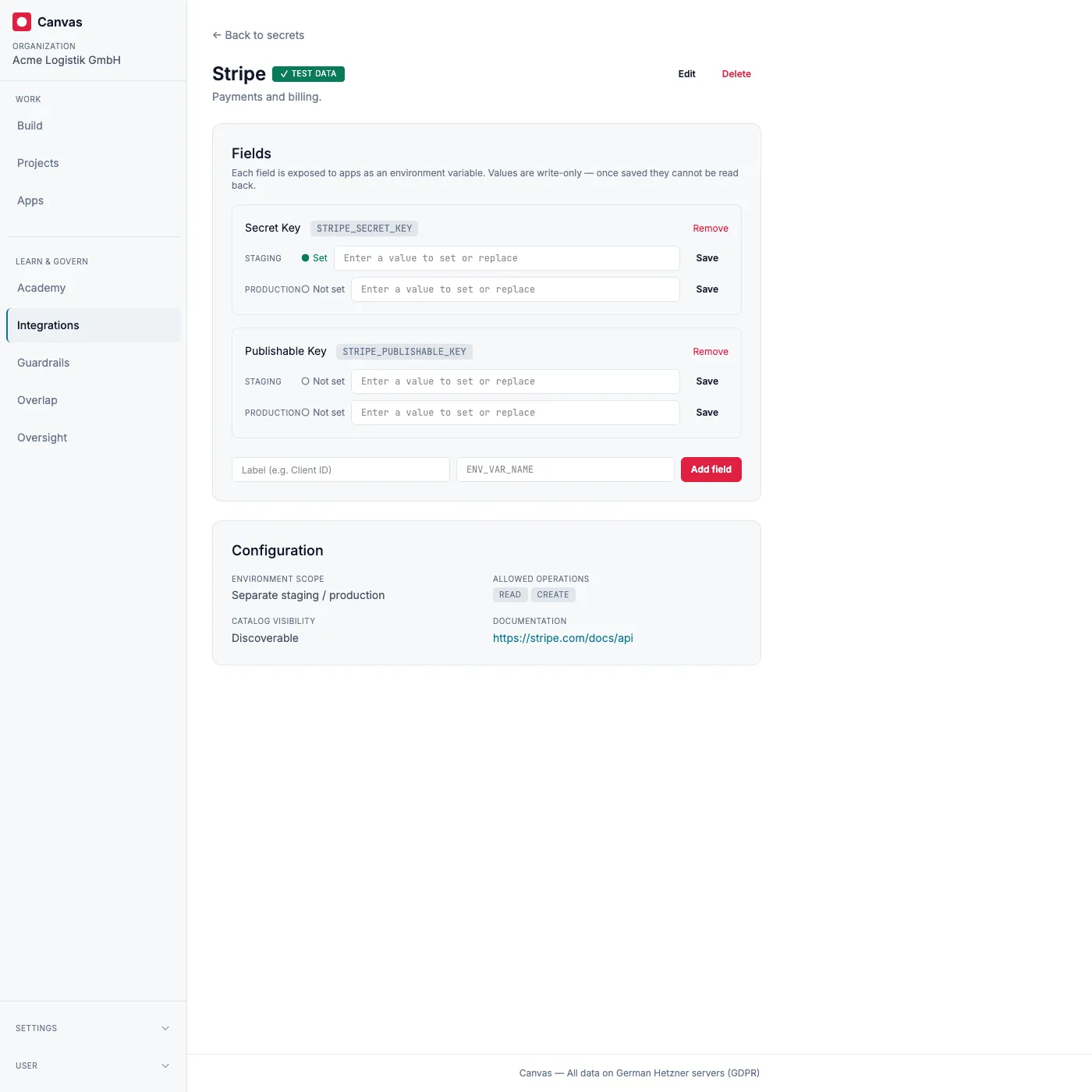 An integration's detail page: fields mapped to environment variables, a set or not-set indicator per environment, and a write-only input to set or replace each value.
