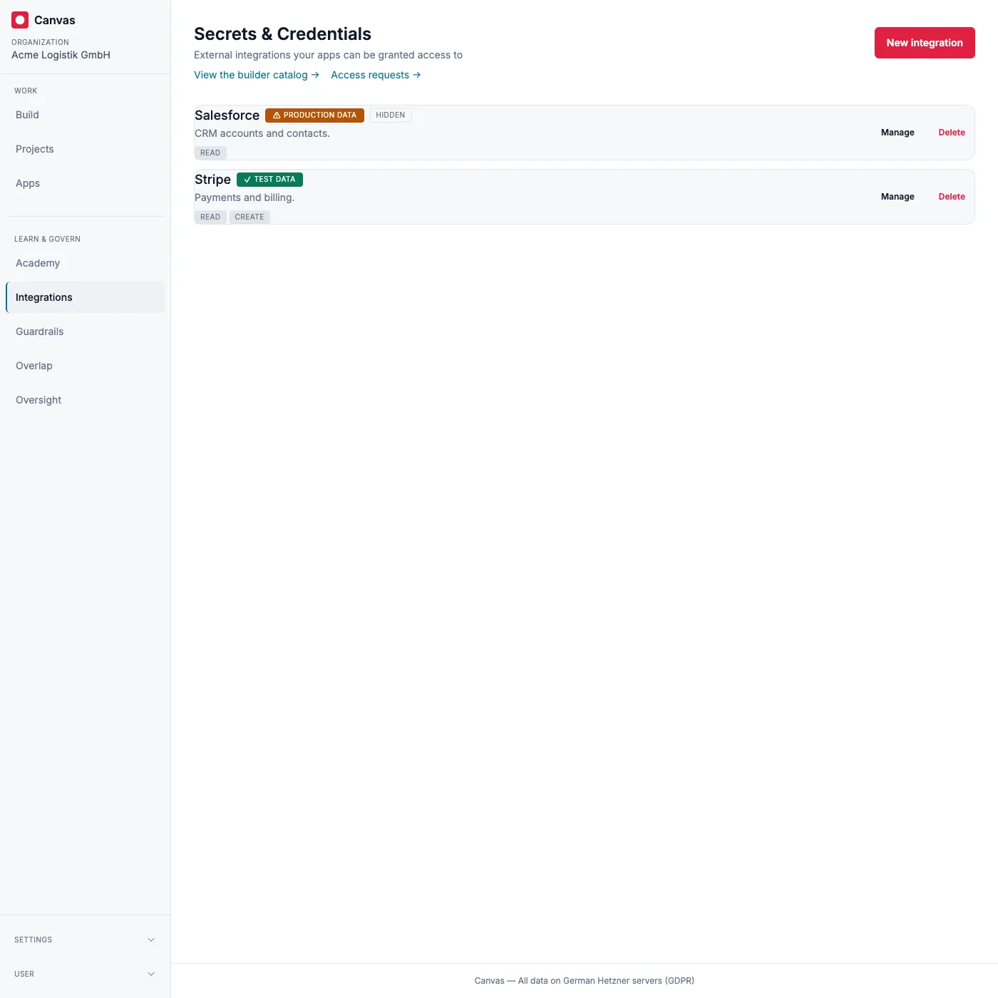 The secrets manager view: every integration in the organization, with its test or production badge and management actions.